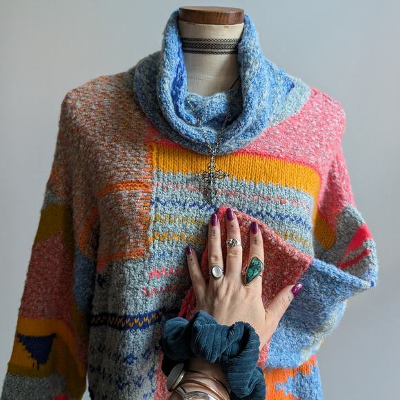 Chunky Knit Oversize Striped Turtleneck Sweater Cropped Kawaii Boho Cute Medium - Picture 2 of 6